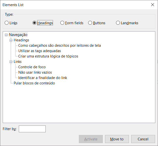 Lista de cabeçalhos no NVDA